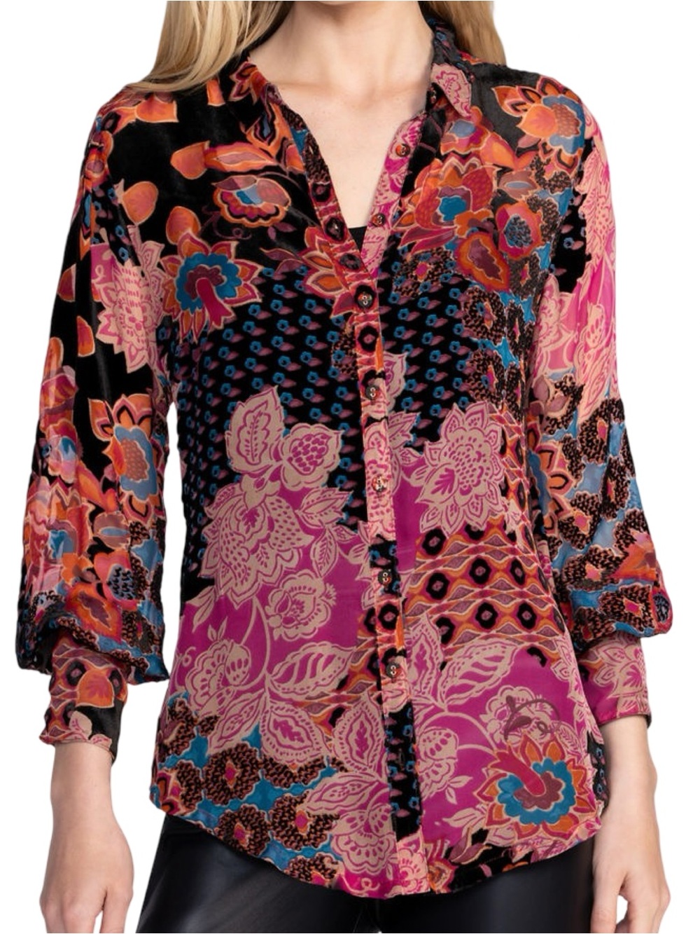 Johnny Was Size M Yrene Alvarado Burnout Velvet Floral Long Sleeve Shirt Blouse